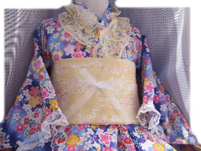画像: ゴスロリ着物ドレス（浴衣）和風青桜花柄