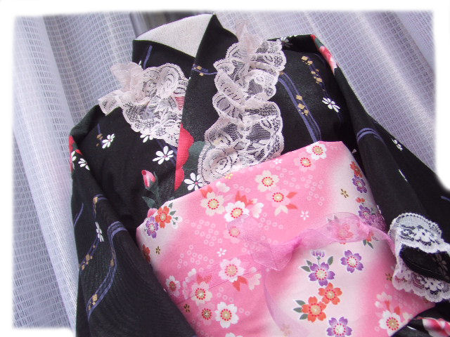 画像: ★ゴスロリ着物ドレス（浴衣）和風ぼかし花柄黒ピンク★