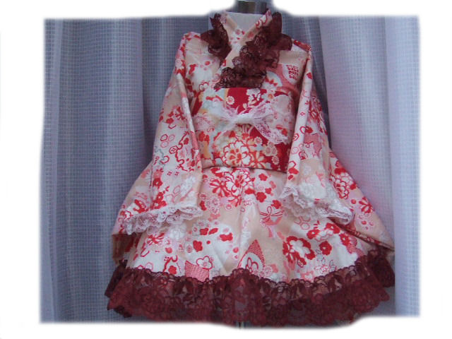 画像1: ゴスロリ着物ドレス（浴衣）★ピンクベージュ和風花柄